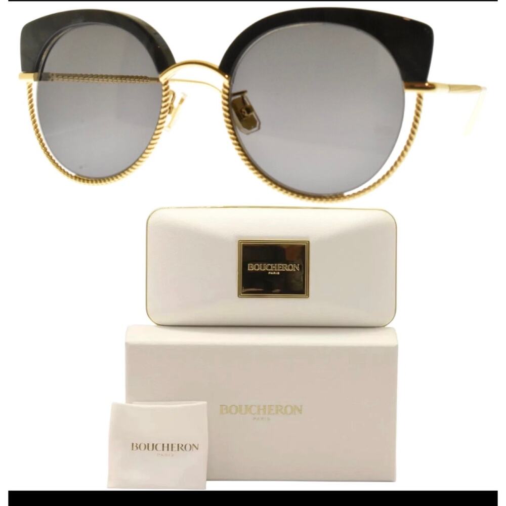 Boucheron Paris BC0105S Women’s Cat Eye Sunglasses Black/Gold Gray UV400 Case
